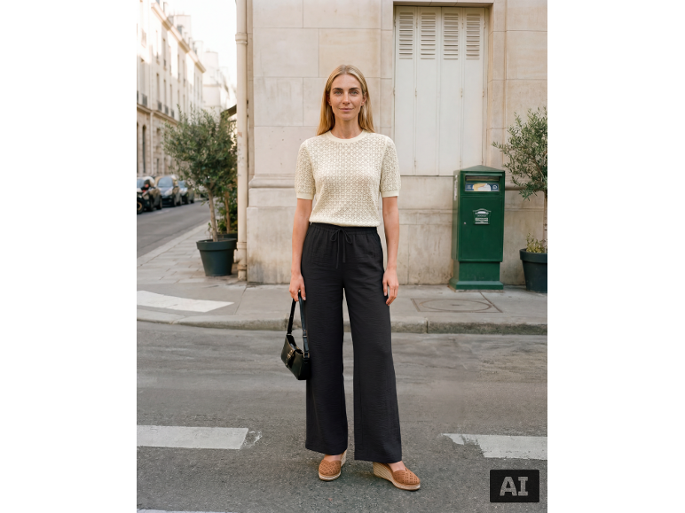 Vrouw in beige gebreid T-shirt, zwarte broek met wijde pijpen en sleehakken.