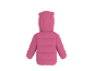 Roze kinderpufferjack met capuchon en kleine oren, achteraanzicht.