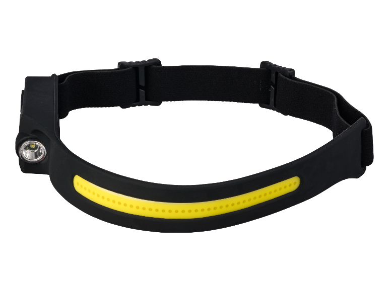 Een zwarte hoofdlamp met een verstelbare hoofdband.