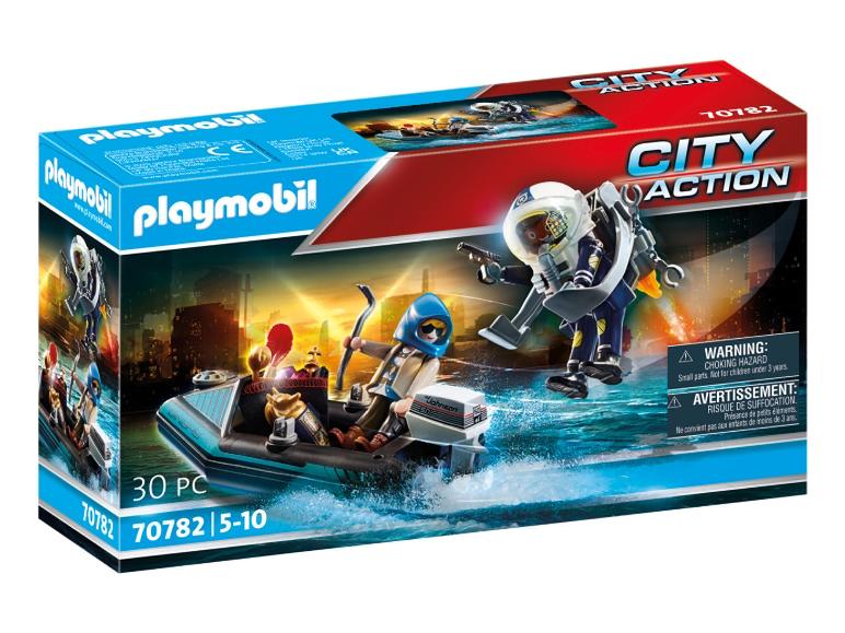 Playmobil City Action doos met een boot en twee figuren, waarvan één vliegt.