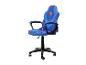 Blauwe gaming bureaustoel met een rood en geel superhelden embleem.