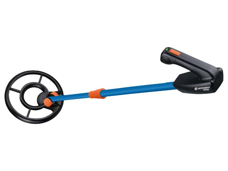 Speelgoedmetaaldetector met zwart handvat, blauwe steel en zwarte zoekspoel.