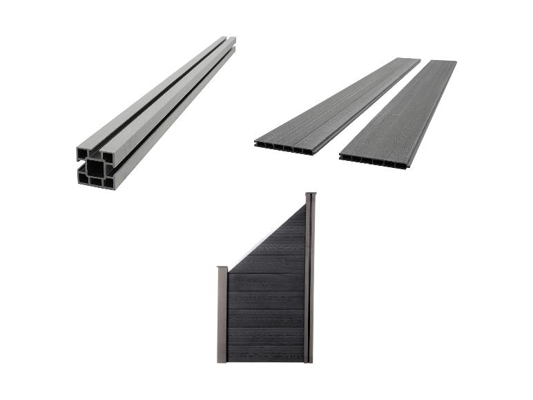 Composiet schuttingelementen: palen, planken en een afgewerkt paneel.