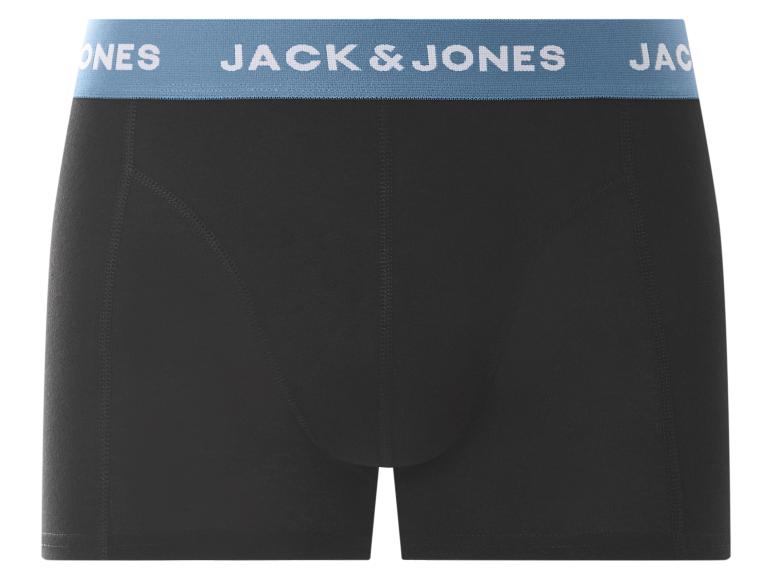 Zwarte boxershorts met blauwe elastische tailleband en witte tekst.