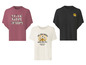 Drie T-shirts met prints, waaronder 'Think happy thoughts'.