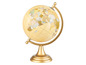 Een gouden globe met een kaart van de wereld.