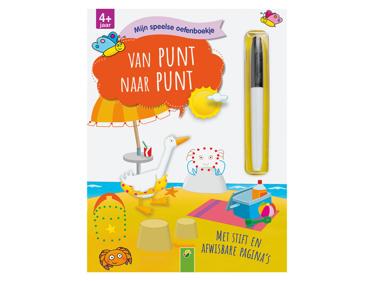 Een oefenboekje met stift voor kinderen van 4 jaar, met een strandthema.