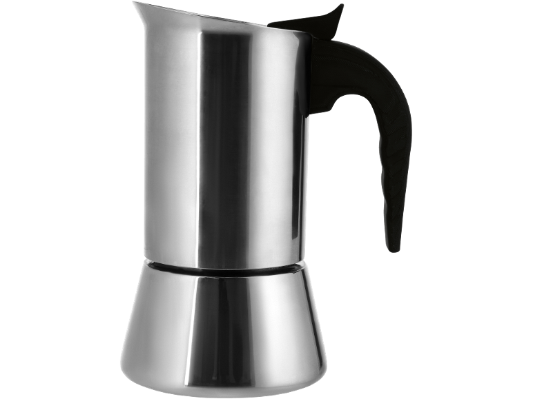 Roestvrijstalen koffiezetapparaat met zwart handvat.