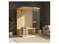 Houten sauna met glazen deur en accessoires, geplaatst in een moderne woonkamer.