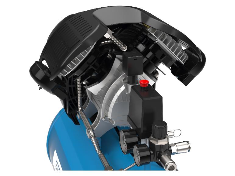 Een gedemonteerde luchtcompressor met manometers.