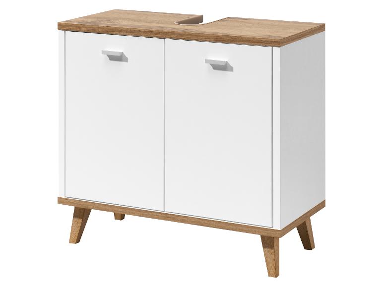 Wit en houten badkameronderkast met twee deuren en schuine poten.