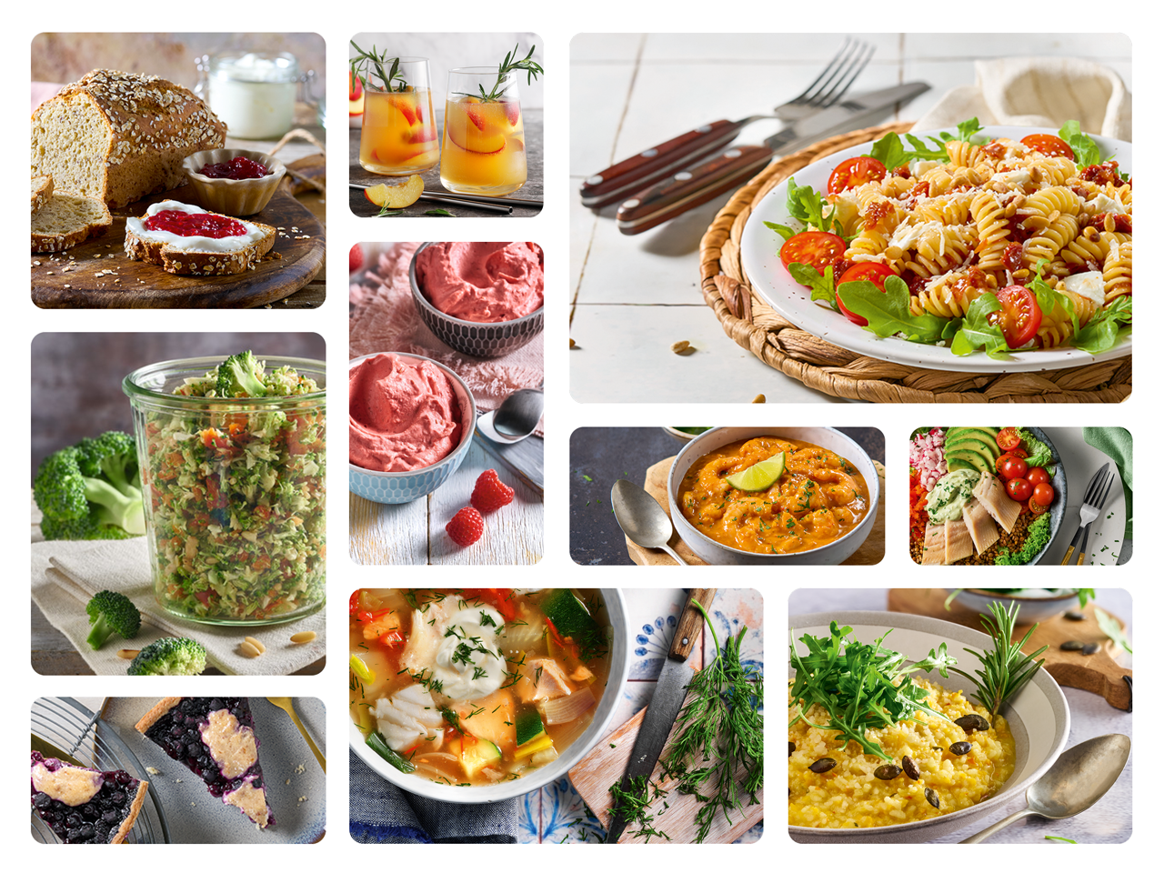 Een kleurrijke fotocollage met een verscheidenheid aan smakelijke gerechten die met de Monsieur Cuisine compact kunnen worden bereid. (Met AI-watermerk)
