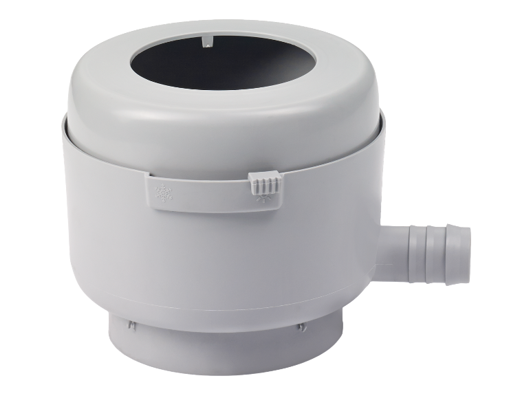 Grijze waterfilterbehuizing met fitting.