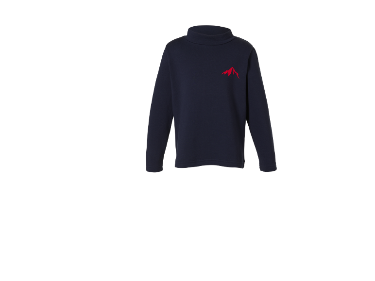Donkerblauwe kindercoltrui met een rood berglogo.