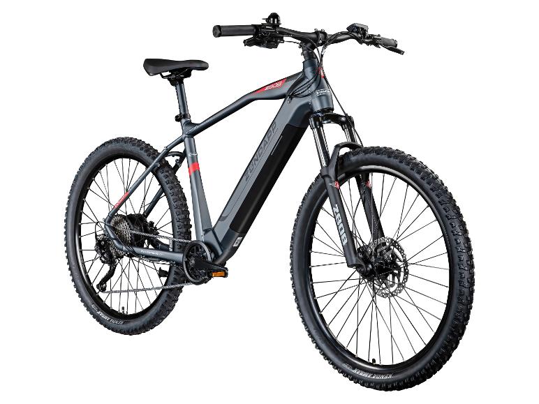 Grijze elektrische mountainbike met zwarte banden en rode accenten.