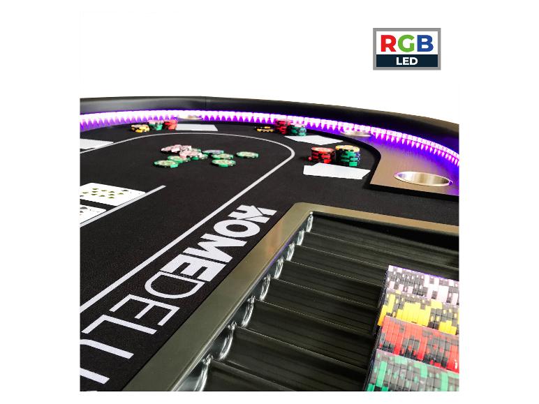 Zwarte pokertafel met RGB LED-verlichting, kleurrijke fiches en de tekst 'HOMEDELUX'.