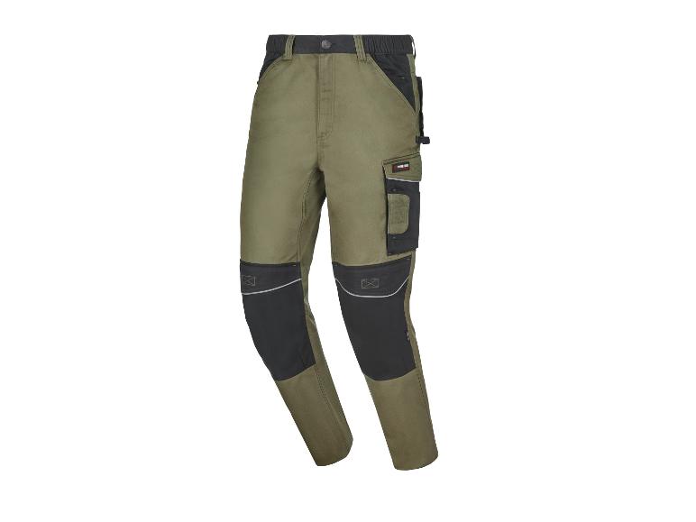 Olijfgroene en zwarte werkbroek met zakken en reflecterende details