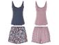 Pyjama's: jersey tops en shorts, bloemenprint en stippen.