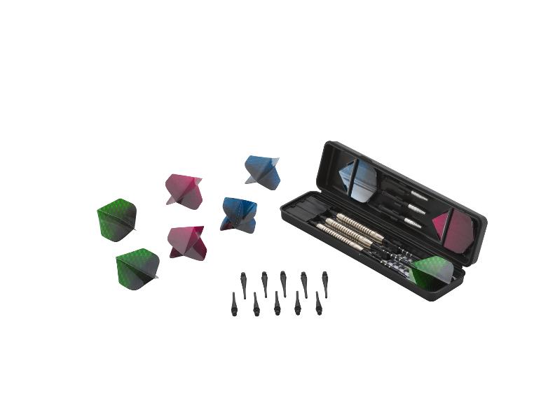 Dartpijlen met extra punten en vluchtveren in een opbergdoos.