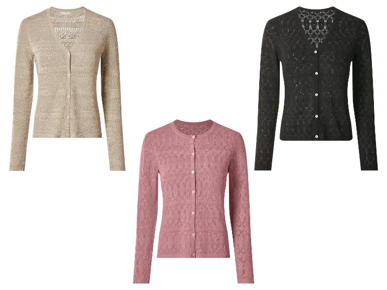 Drie opengewerkte vesten met lange mouwen in beige, roze en zwart.