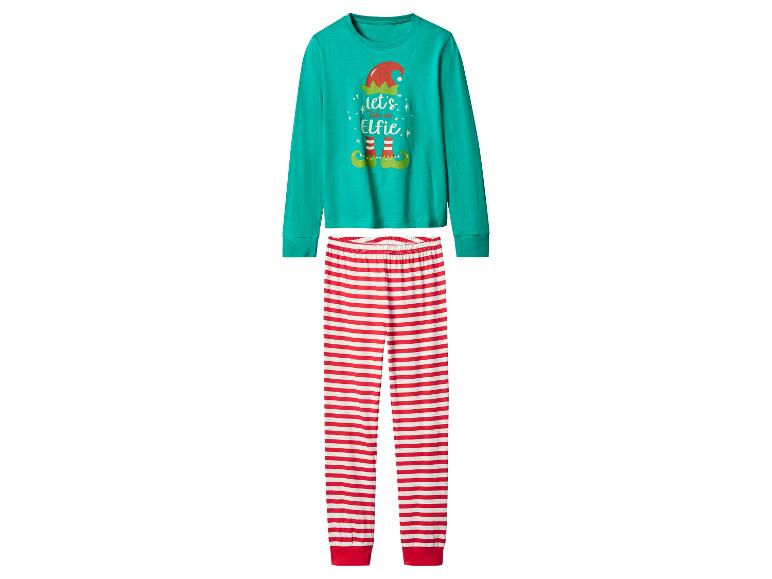 Groene pyjamatop met lange mouwen met 'Let's Take an Elfie'-opdruk en rood-wit gestreepte broek.