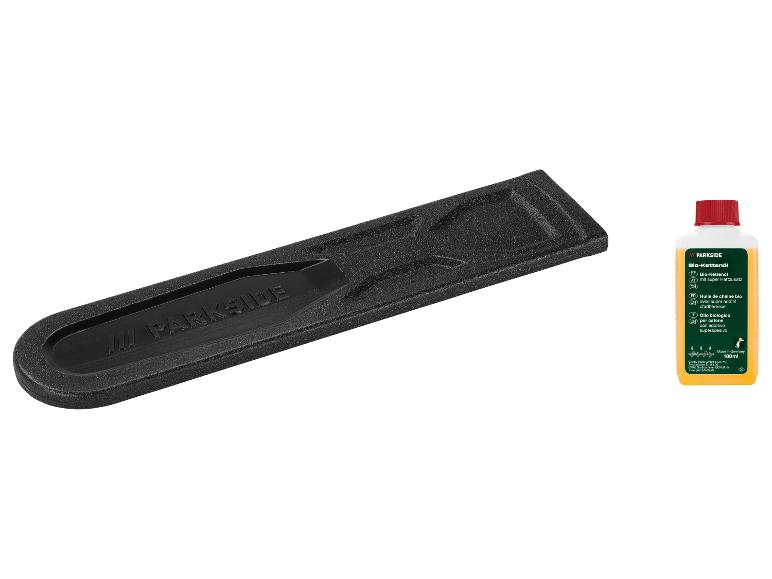 Parkside bio kettingolie en een zwarte gereedschapsbehuizing.