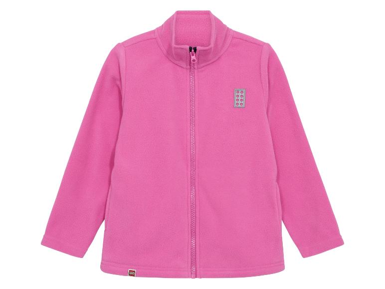 Roze kinderfleecejack met rits en vierkant logo op de borst.