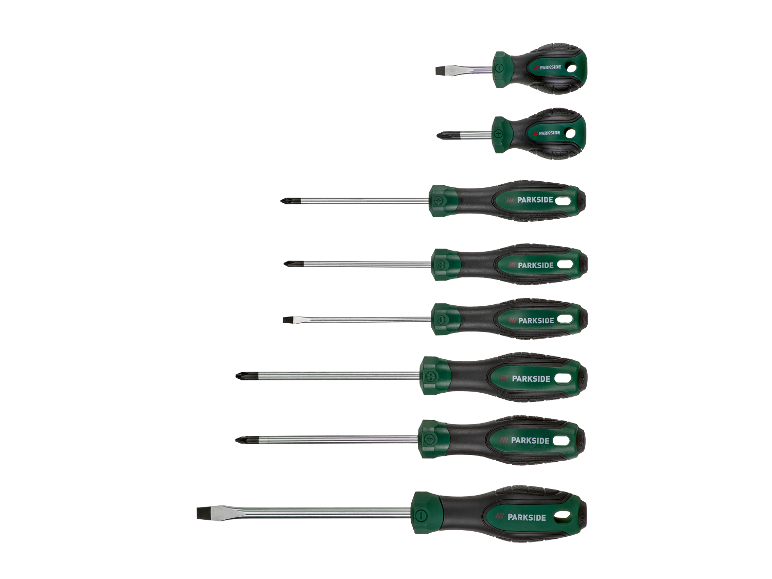 Parkside schroevendraaierset: acht schroevendraaiers in verschillende maten en punttypen.