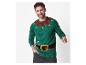 Een lachende man draagt een groene kersttrui met een elfenontwerp.