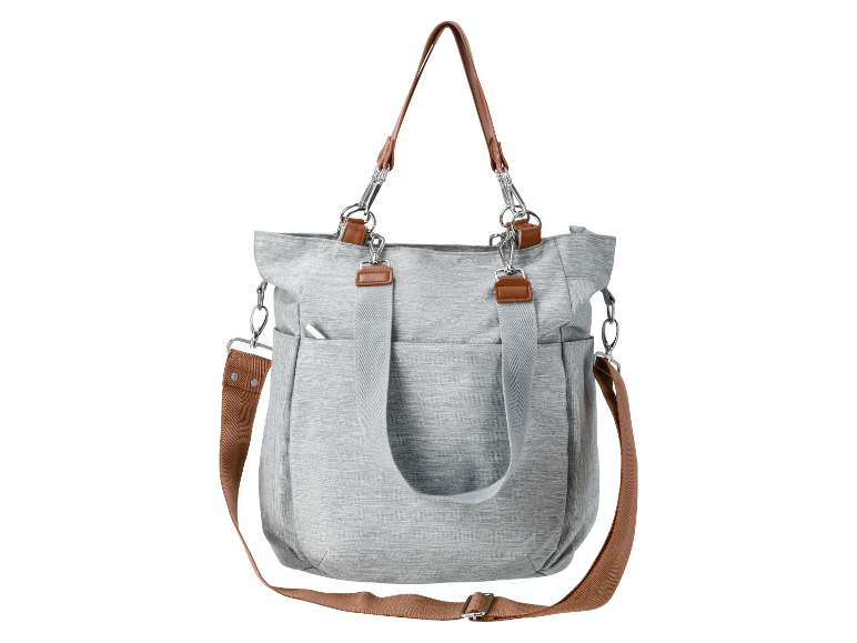 Grijze canvas tas met bruine hengsels.