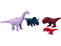 Speelgoeddinosaurussen: een paarse langnek, een blauwe triceratops en twee rode T-Rexen.
