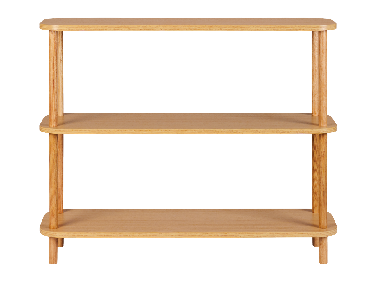 Een houten opbergrek met drie planken in een lichtbruine afwerking.