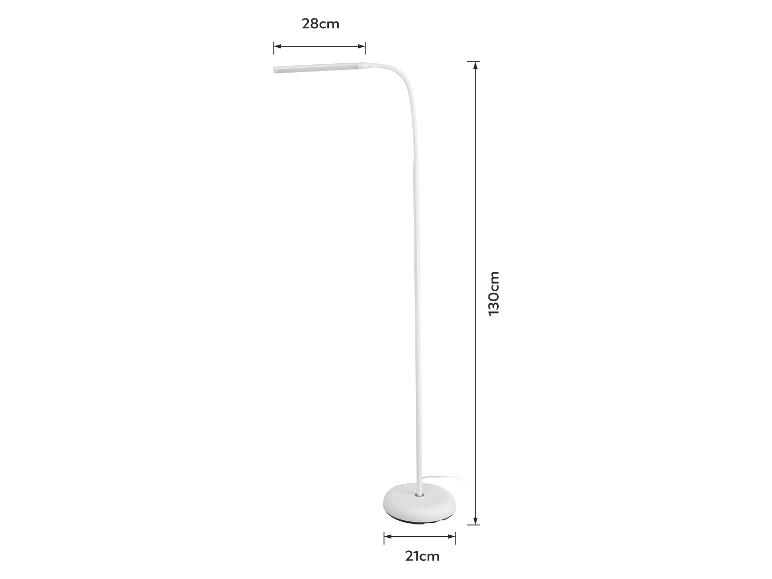 Witte vloerlamp met een hoogte van 130 cm, een kop lengte van 28 cm en een basisdiameter van 21 cm.