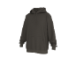 Donkergrijze hoodie met voorzak en trekkoorden, gepresenteerd op een witte achtergrond.