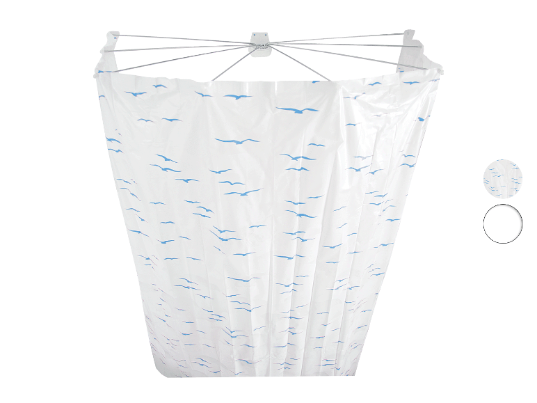 Douchegordijn met zeevogelmotief, gemonteerd op een telescopische beugel.