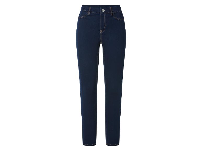 Donkerblauwe slim fit damesjeans met contrasterende stiksels.