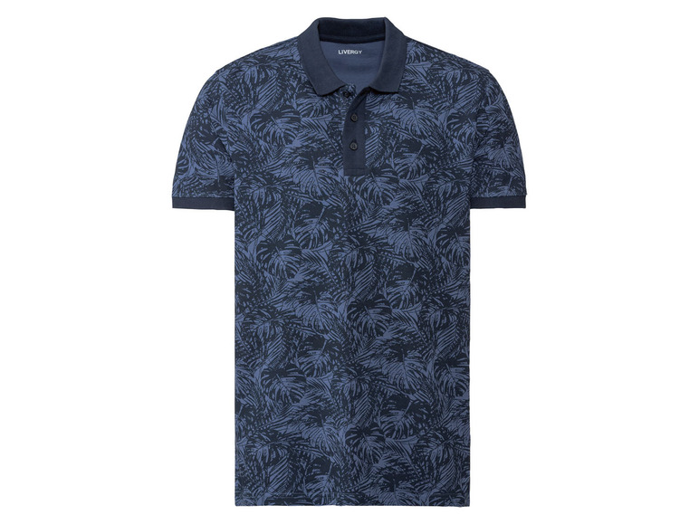 Een donkerblauwe polo met een tropisch printje van Livergy.