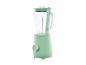Lichtgroene blender met glazen kan en zilveren draaiknop.