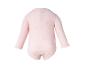 Roze babyromper met lange mouwen en strikjespatroon, achteraanzicht.