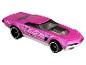 Een roze Hot Wheels auto met vlammen.