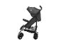 Donkergrijze kinderwagen met zonnekap, veiligheidsbeugel en opbergmand, zijaanzicht.