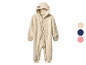 Baby fleece jumpsuit met capuchon, verkrijgbaar in beige, donkerblauw en roze.
