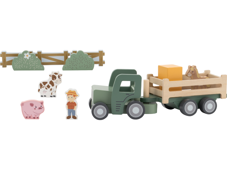 Houten speelgoedboerderijset met tractor, dieren en boer.
