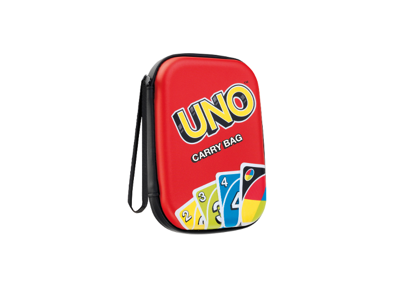Rode UNO-draagtas met kaartillustraties en een polsbandje.