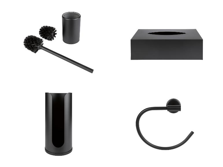 Zwarte badkameraccessoiresset: toiletborstel, zeepbakje, tissuehouder en handdoekhaak.