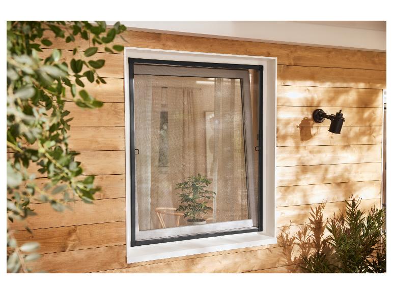 Raam met hor aan houten wand, met planten en zonlicht.