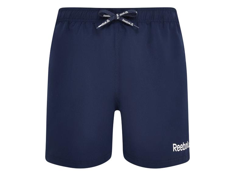Donkerblauwe herenshort met trekkoord en wit logo.