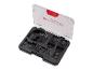 Multitool accessoire set met diverse zaagbladen en schuurpads in een transparante koffer.