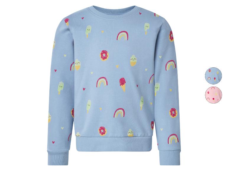 Blauwe kindertrui met regenboog-, ijs- en donutpatroon