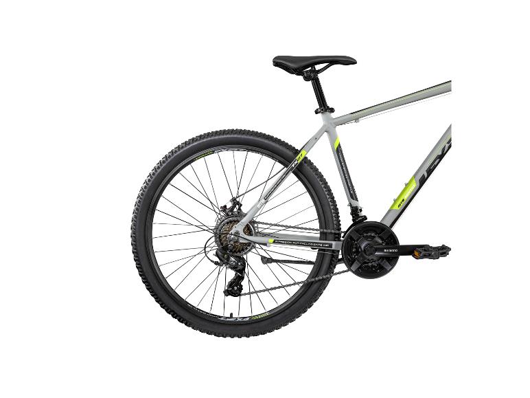 Grijze Zündapp mountainbike met gele accenten en Shimano-onderdelen.